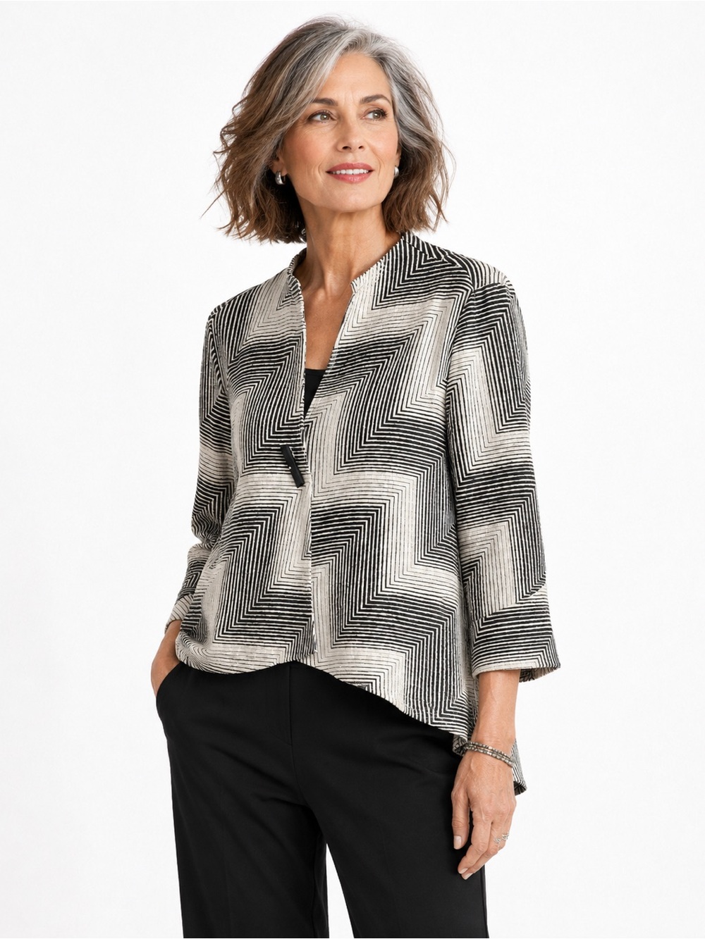 IC COLLECTION CONNIE K Black White Geometric Art to Wear Top Jacket SZ L - Picture 5 of 5